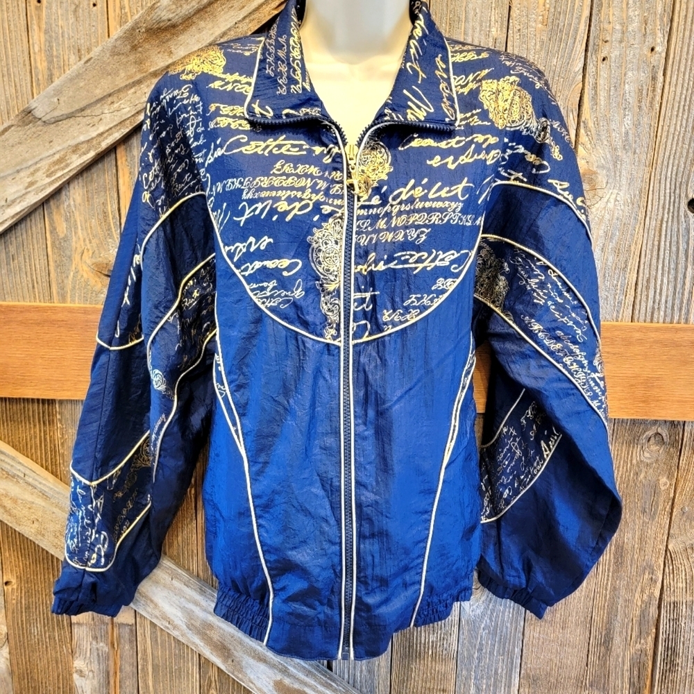 Active Frontier Small Full Zip Windbreaker Jacket Vintage 90s navy & gold pocket